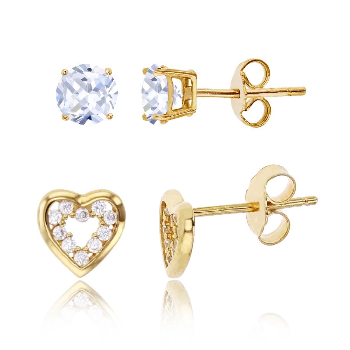 Sterling Silver Yellow 7x7mm Open Heart & 4mm Round Solitaire Stud Earring Set