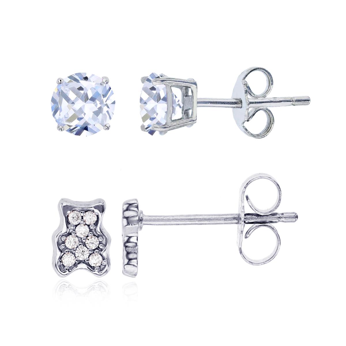 Sterling Silver Rhodium 6x4mm Micropave Teddy Bear & 4mm Rd Solitaire Stud Earring Set