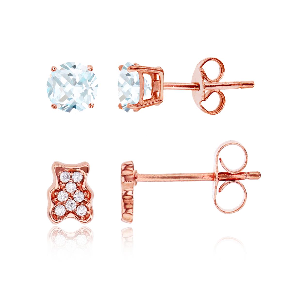 Sterling Silver Rose 6x4mm Micropave Teddy Bear & 4mm Rd Solitaire Stud Earring Set