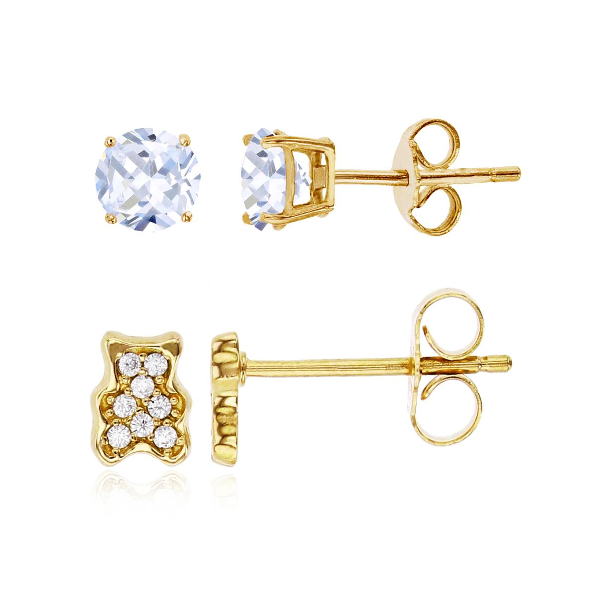 Sterling Silver Yellow 6x4mm Micropave Teddy Bear & 4mm Rd Solitaire Stud Earring Set