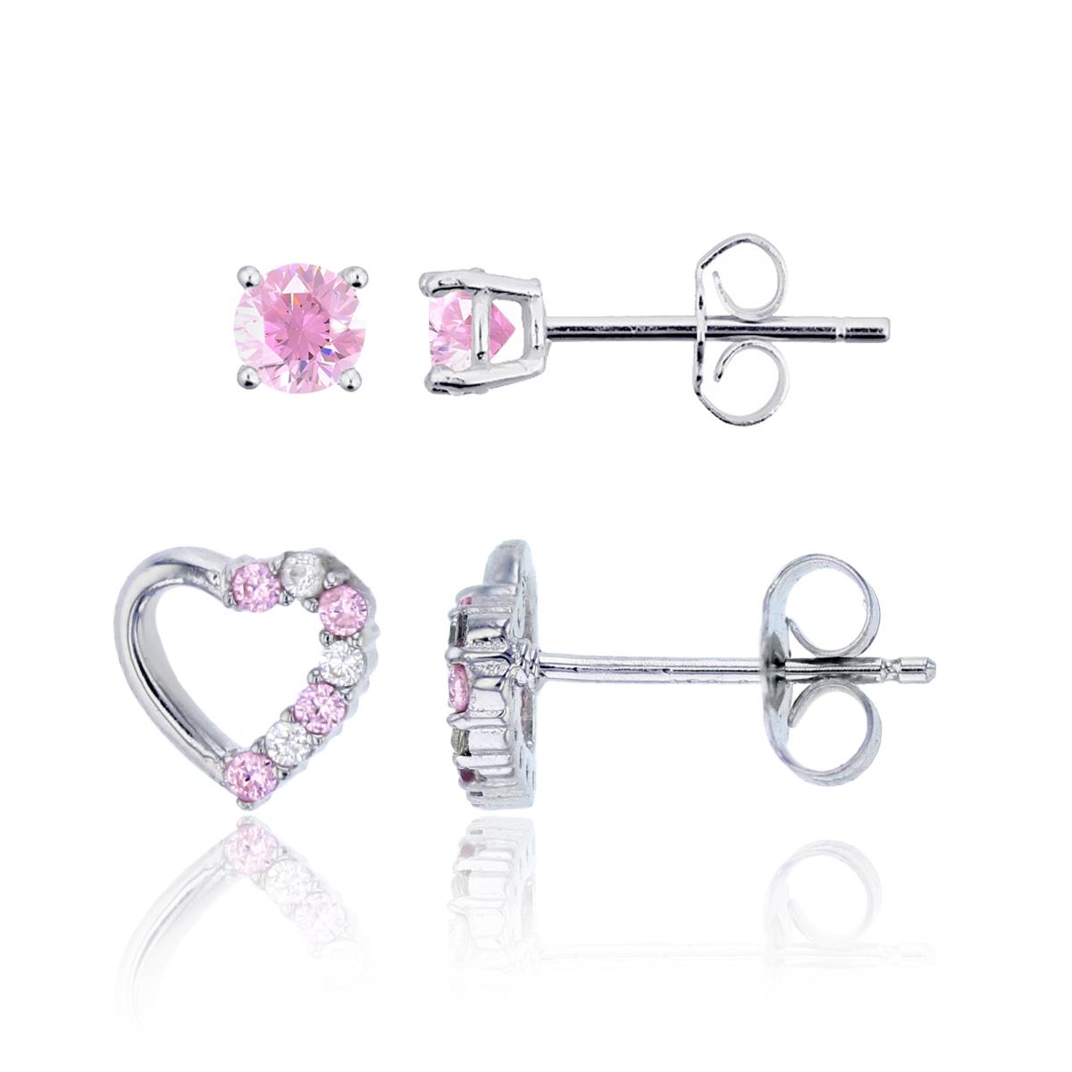 Sterling Silver Rhodium Half Micropave Pink/White CZ Open Heart & 4mm Pink Rd Solitaire Stud Earring Set