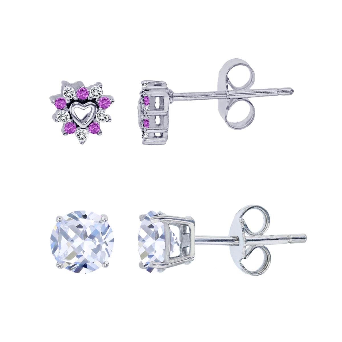 Sterling Silver Rhodium Amethyst & White CZ 6mm Heart & 4mm Rd Solitaire Stud Earring Set