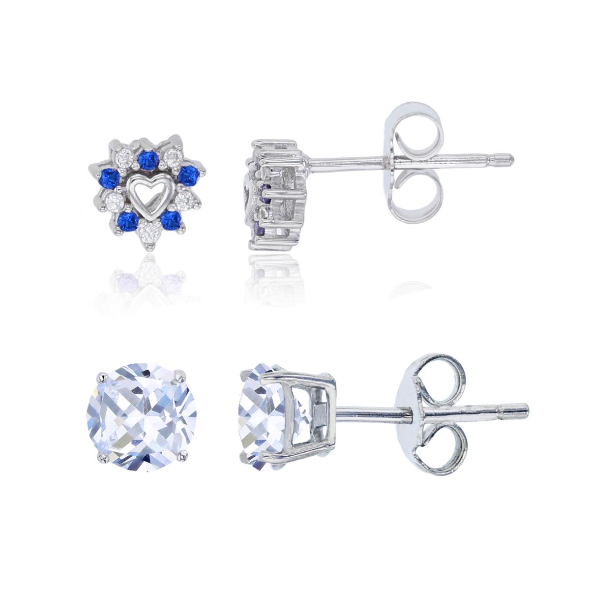 Sterling Silver Rhodium Sapphire & White CZ 6mm Heart & 4mm Rd Solitaire Stud Earring Set