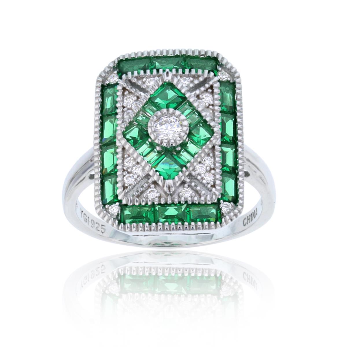 Sterling Silver Rhodium Rnd White & SB Emerald CZ Octagon Millgraine Mosaik Ring