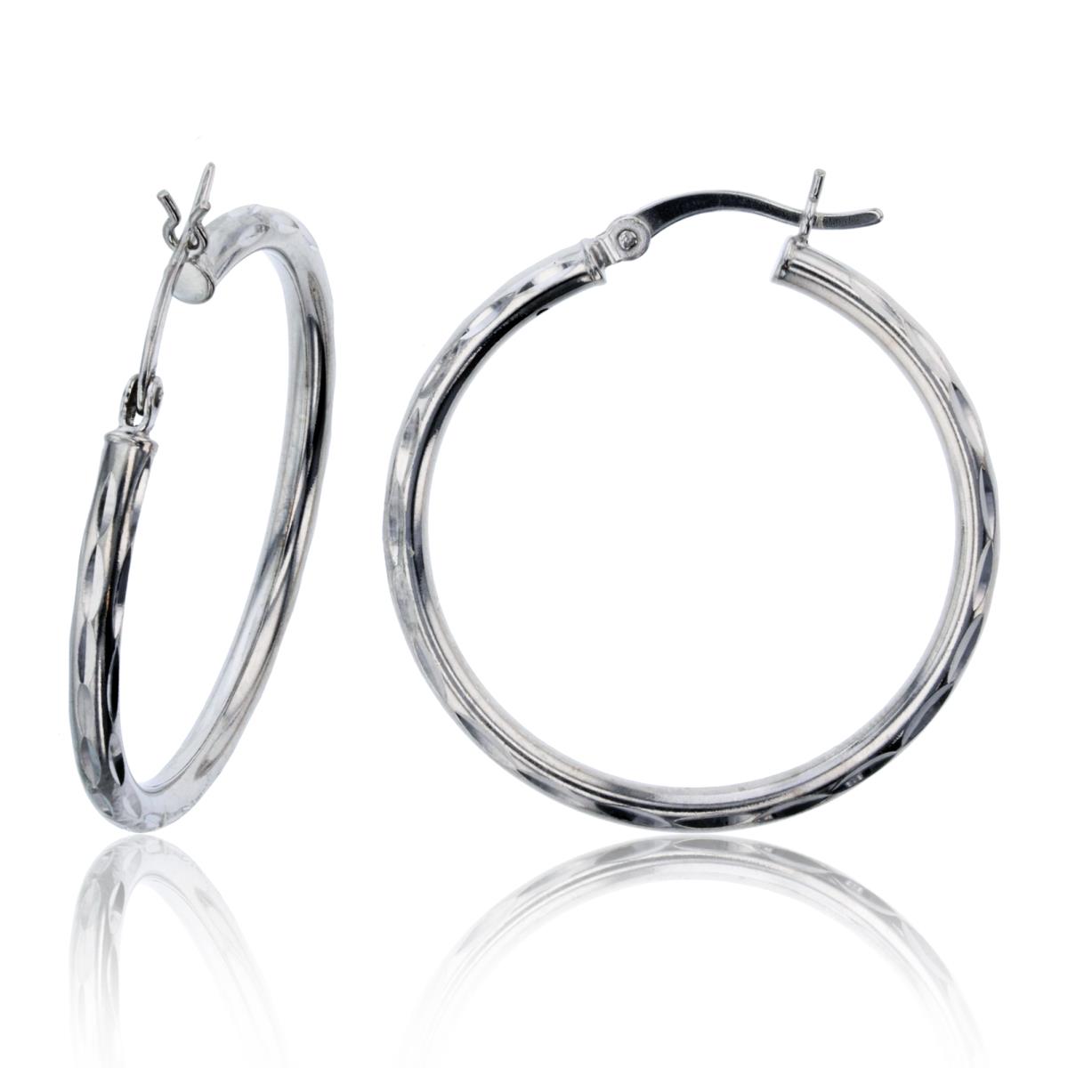 Sterling Silver Rhodium 32x2.50mm Diamond Cut Hoop Earring