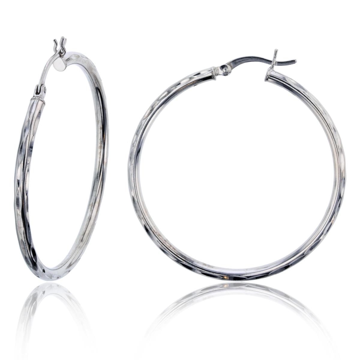 Sterling Silver Rhodium 40x2.50mm Diamond Cut Hoop Earring
