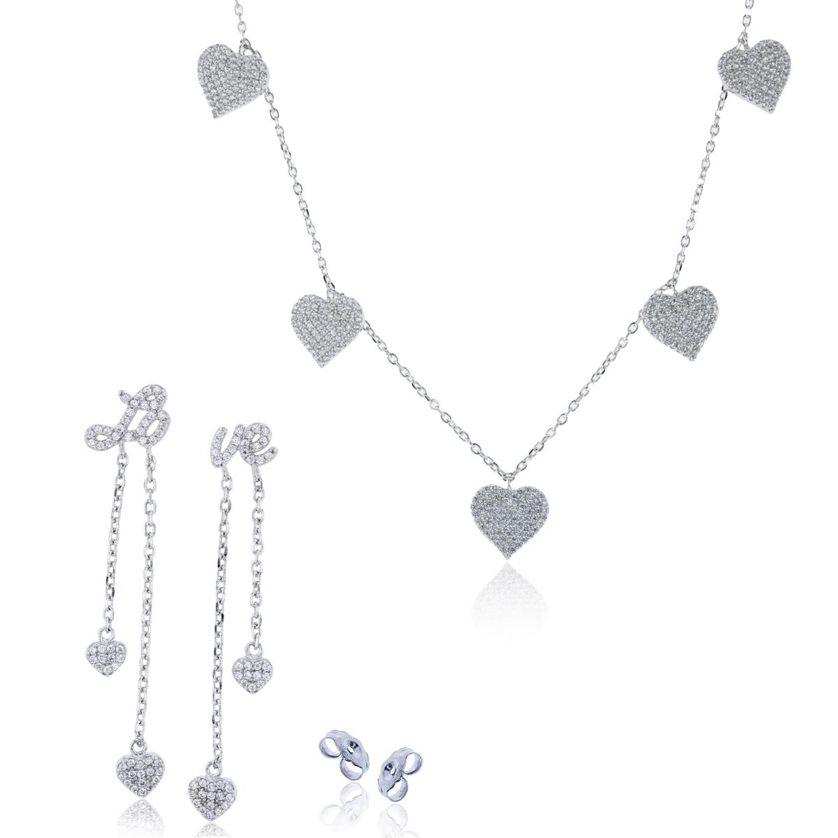 Sterling Silver Rhodium Rnd White CZ Micropave Hearts 16"+2" Necklace & "LO-VE" Dangling Earring Set