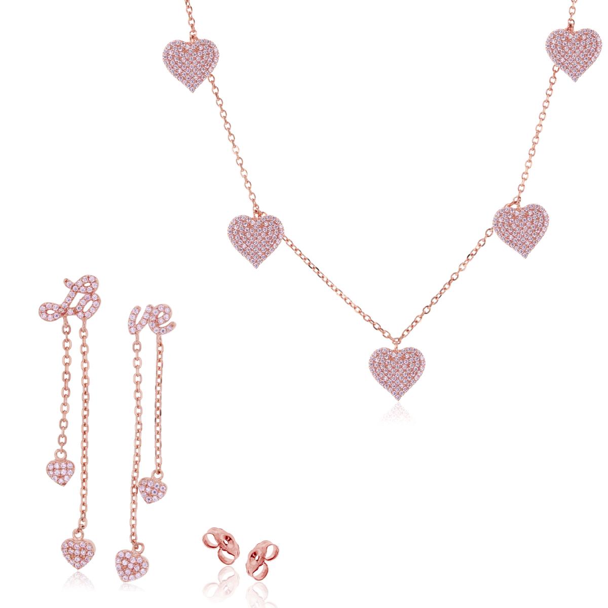 Sterling Silver Rose Rnd Pink CZ Micropave Hearts 16"+2" Necklace & "LO-VE" Dangling Earring Set