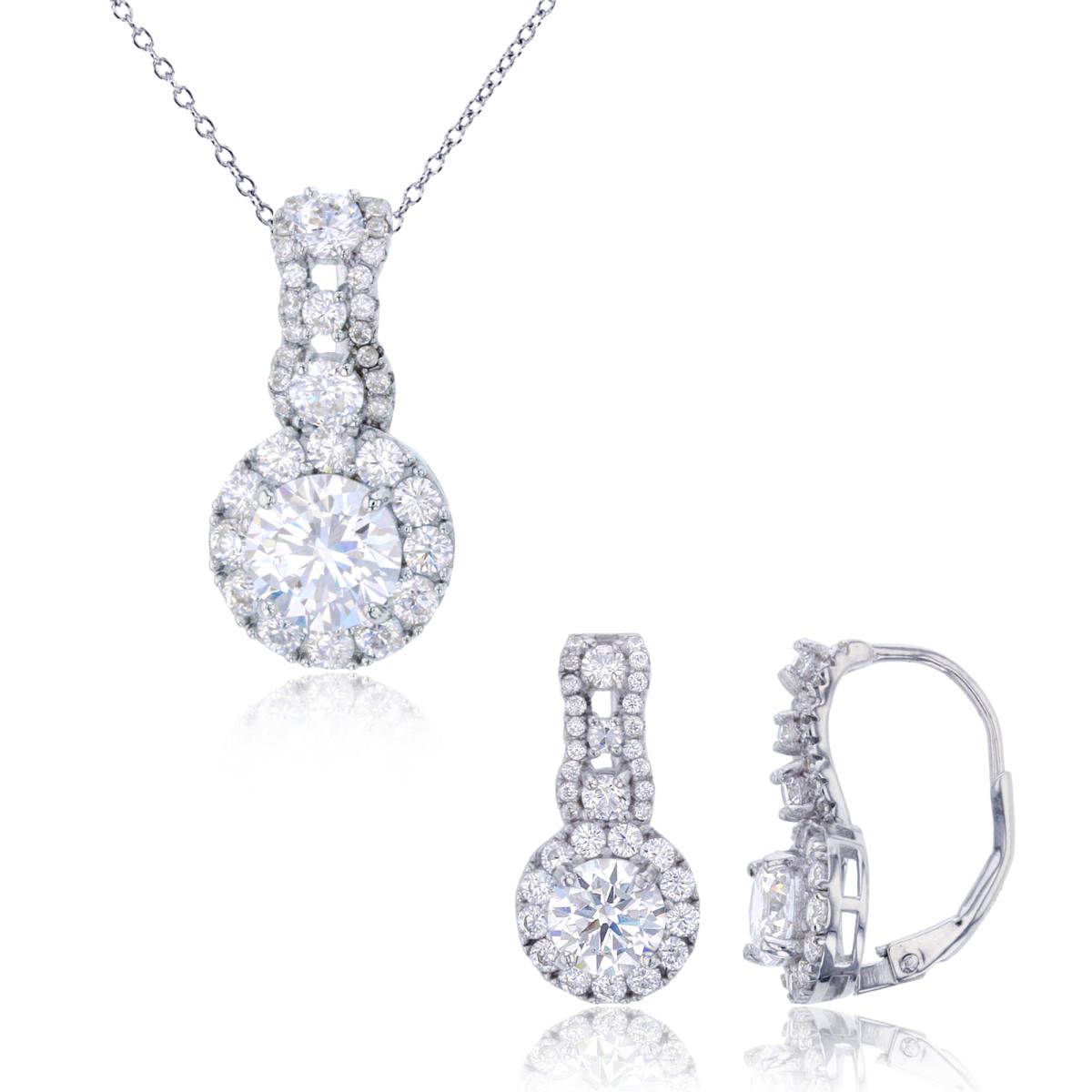 Sterling Silver Rhodium 8mm Rnd Center CZ Halo 18" Necklace & Leverback Earring Set