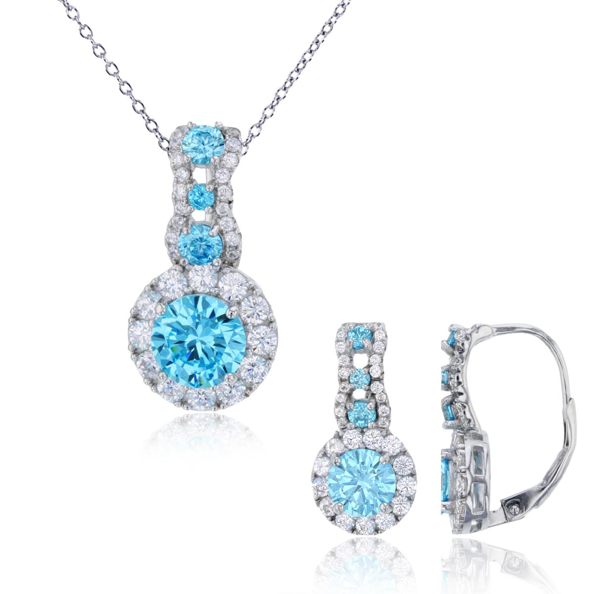 Sterling Silver Rhodium 8mm #22 Blue Rnd Center CZ Halo 18" Necklace & Leverback Earring Set