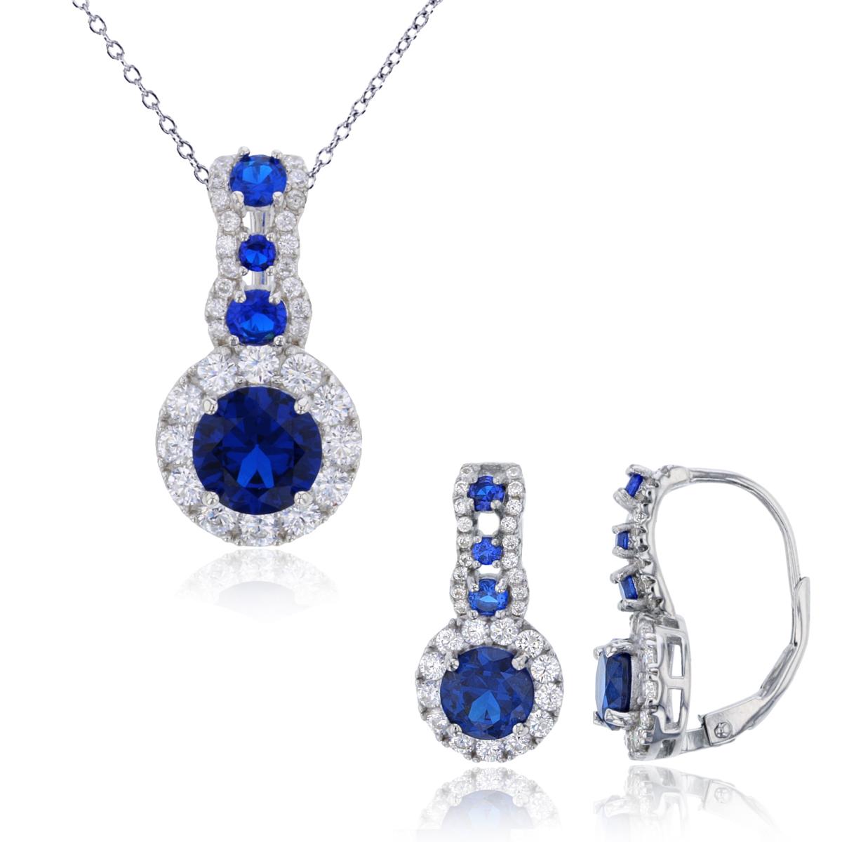 Sterling Silver Rhodium 8mm #113 Blue Rnd Center CZ Halo 18" Necklace & Leverback Earring Set