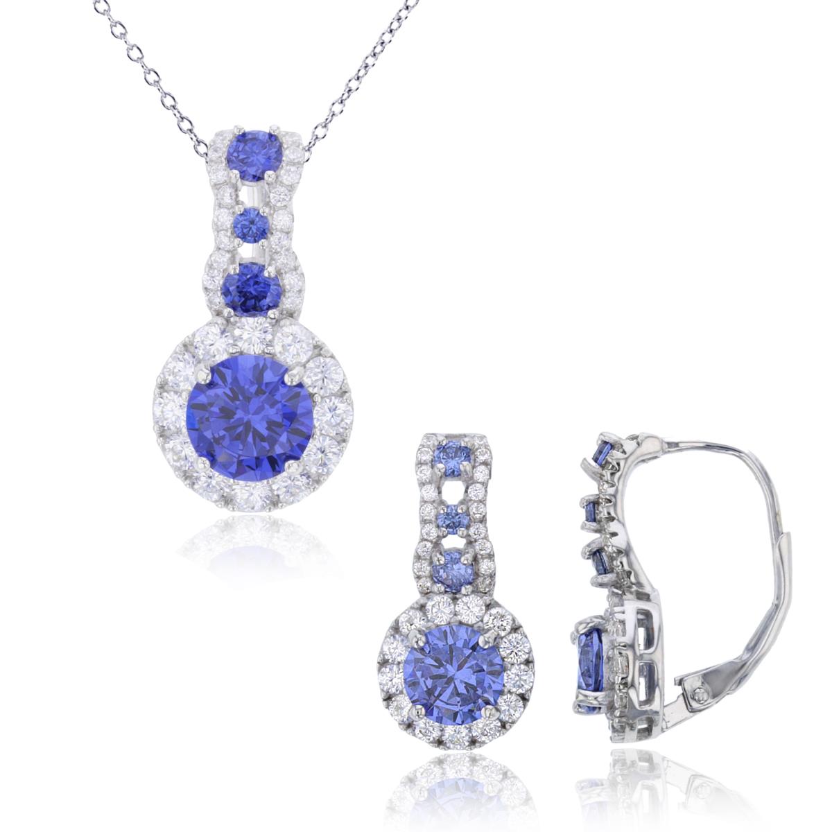 Sterling Silver Rhodium 8mm Tanzanite Rnd Center CZ Halo 18" Necklace & Leverback Earring Set