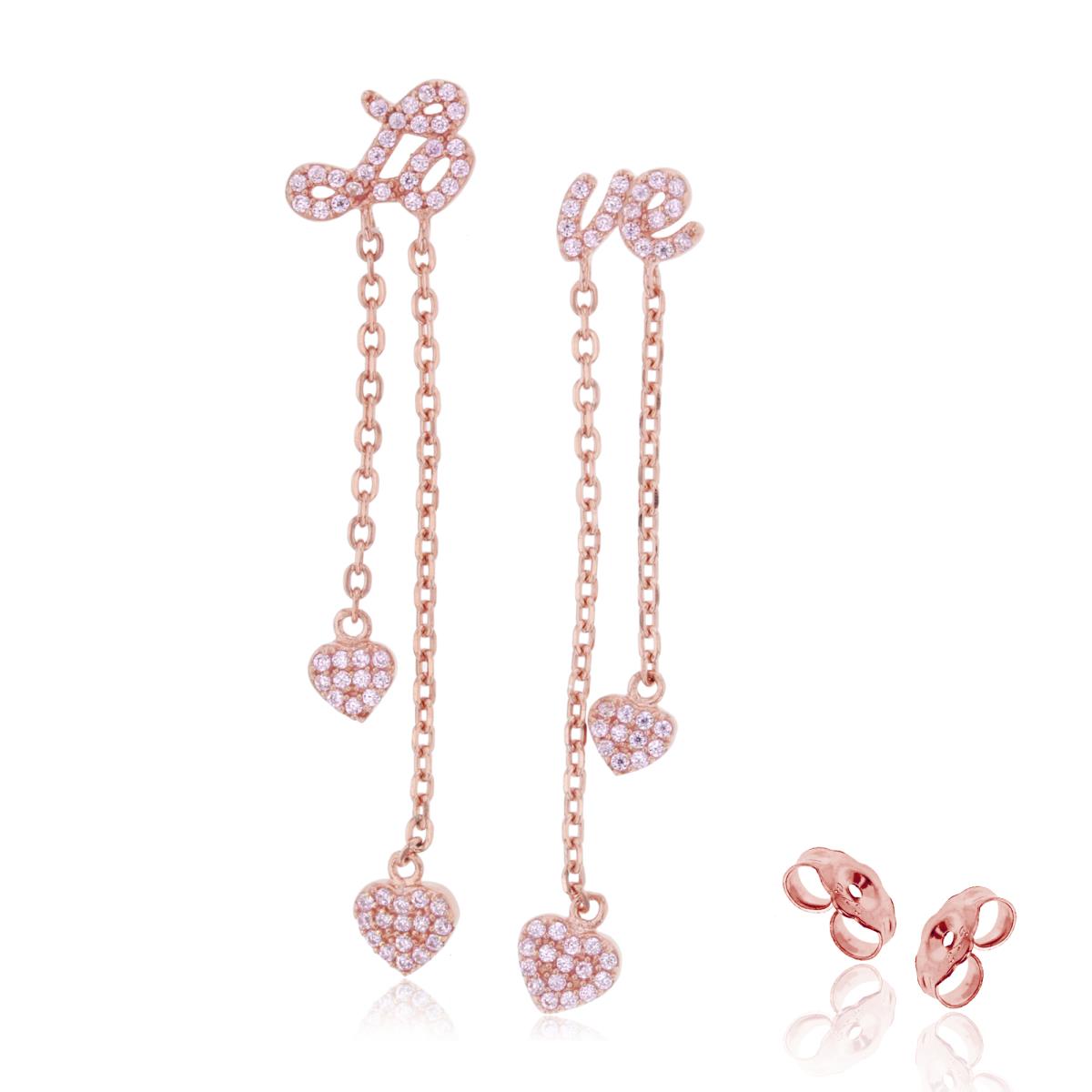 Sterling Silver+1Micron Rose Gold Rnd Pink CZ "LO--VE" with Dangling Hearts Chain Earring