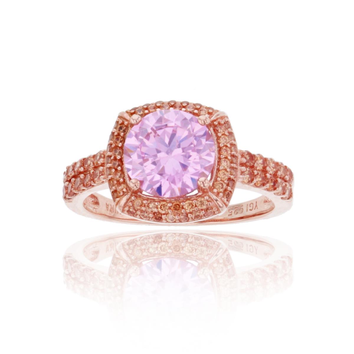 Sterling Silver+1Micron Rose Gold 8mm Rnd Pink CZ Center & Rnd Champagne CZ Double Halo Ring