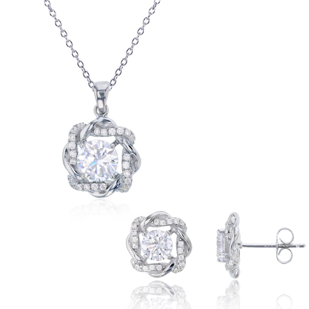Sterling Silver Rhodium 8mm Rnd CZ Knot 18" Necklace & Stud Earring Set