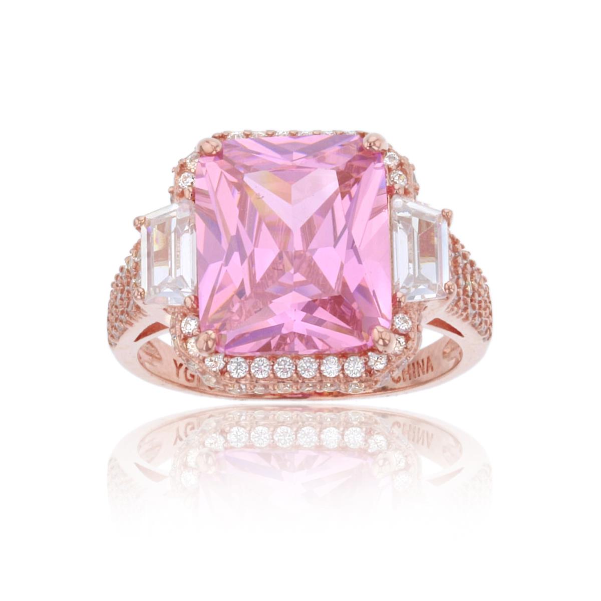 Sterling Silver+1Micron Rose Gold 12x10mm EC Center Pink CZ & Rnd/TB White CZ on Side Puffy Ring