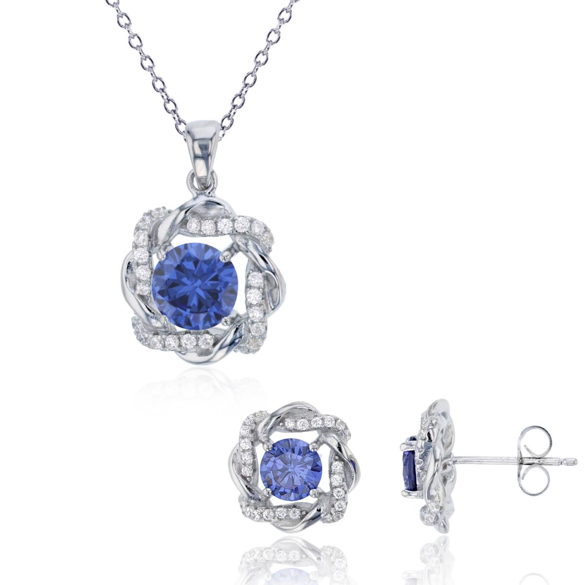 Sterling Silver Rhodium 8mm Rnd Tanzanite CZ Knot 18" Necklace & Stud Earring Set