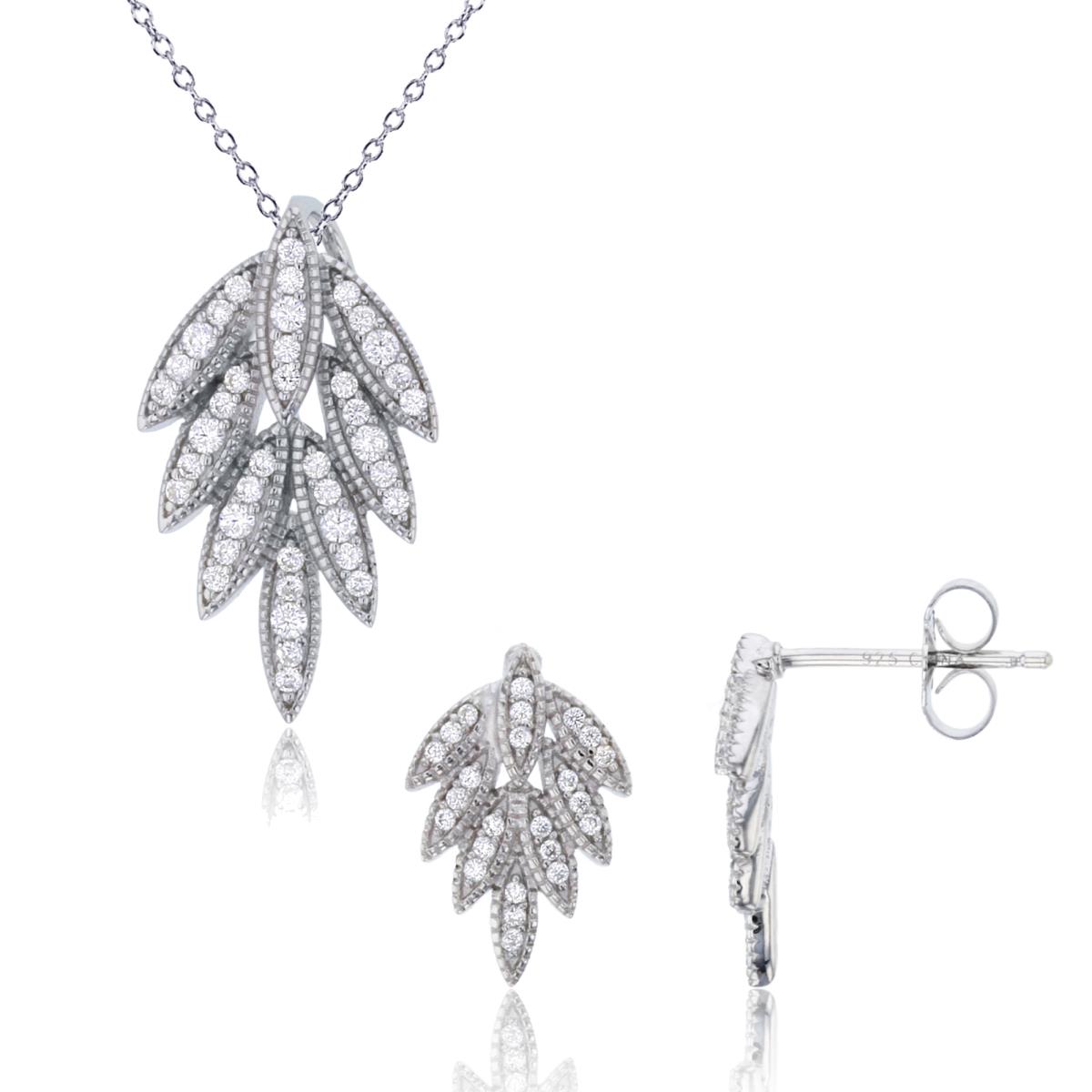 Sterling Silver Rhodium Rnd White CZ Millgraine Leaf 18" Necklace & Earring Set