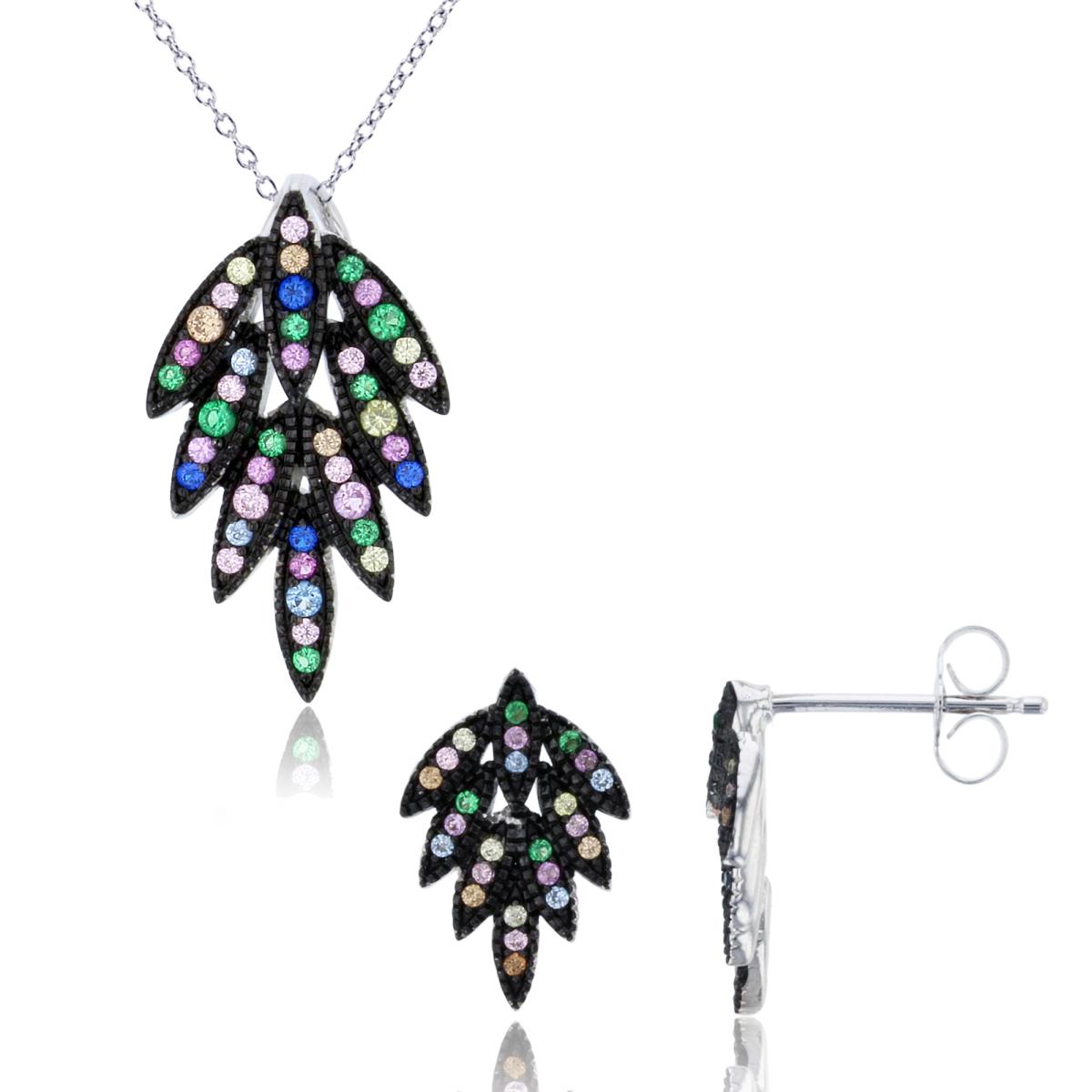 Sterling Silver Two-Tone Rnd Multicolor CZ Millgraine Leaf 18" Necklace & Earring Set