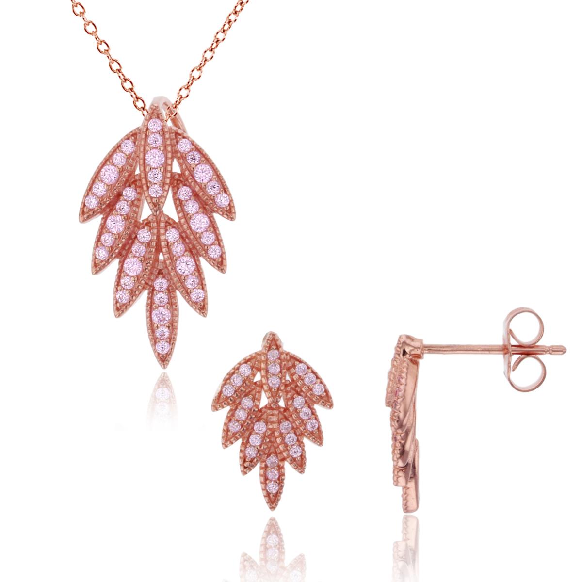 Sterling Silver Rose Rnd Pink CZ Millgraine Leaf 18" Necklace & Earring Set