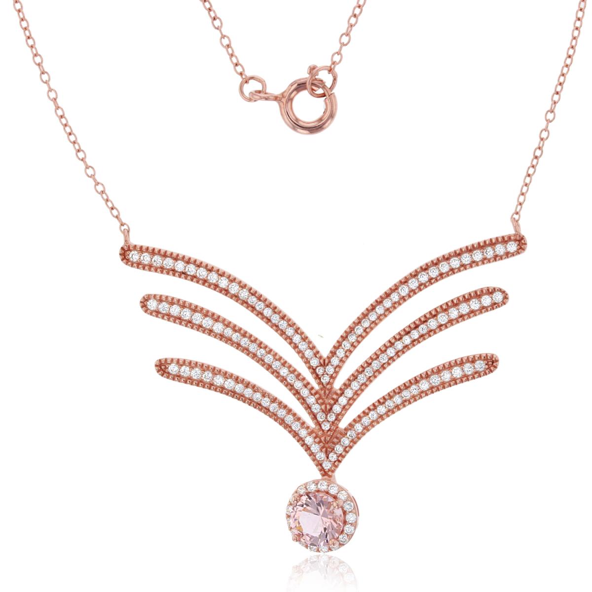 Sterling Silver+1Micron Rose Gold 6mm Rnd Morganite Nano Halo Center & Rnd White CZ Millgraine 3"V"Rows 18"Necklace