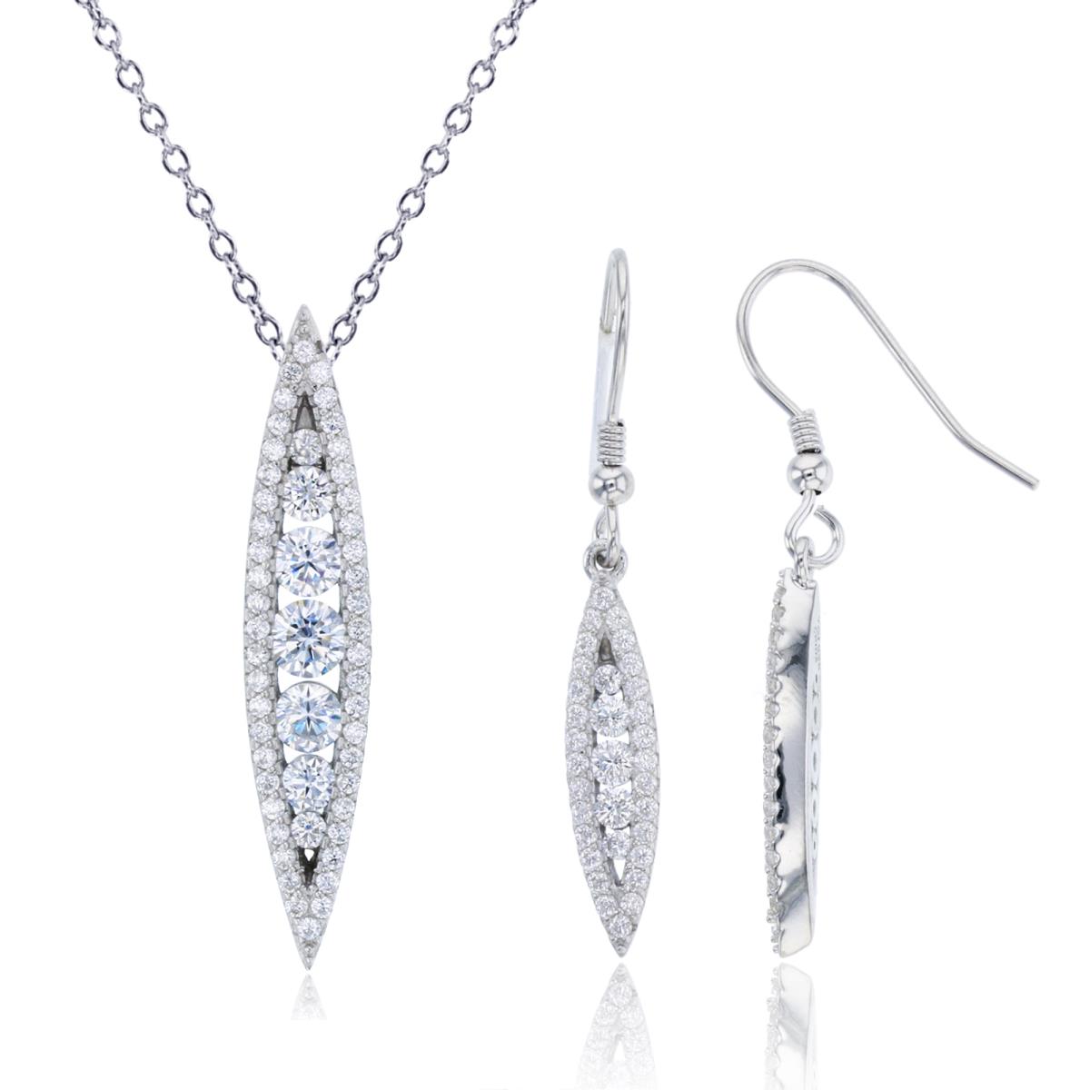 Sterling Silver Rhodium White CZ Marquise Shaped Dngl 18" Necklace & Fishhook Earring Set