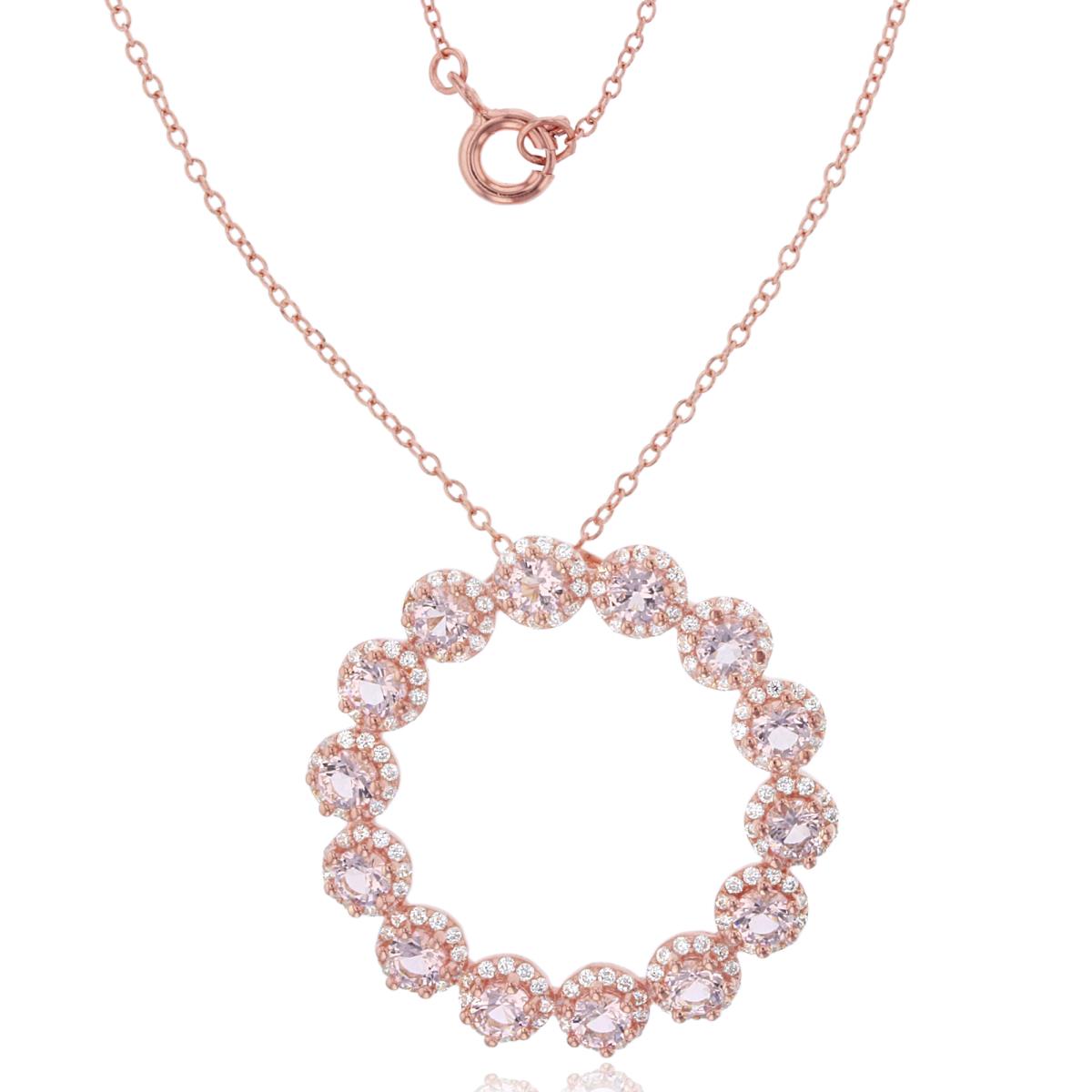 Sterling Silver+1Micron Rose Gold Rnd White & Morganite Nano 14-Clusters Open Circle 18"Necklace
