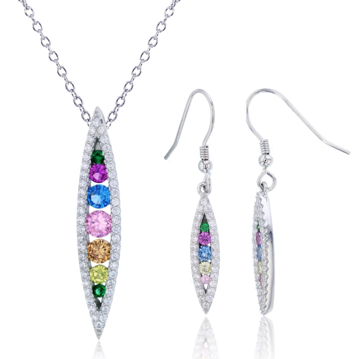Sterling Silver Rhodium Multicolor CZ Marquise Shaped Dngl 18" Necklace & Fishhook Earring Set