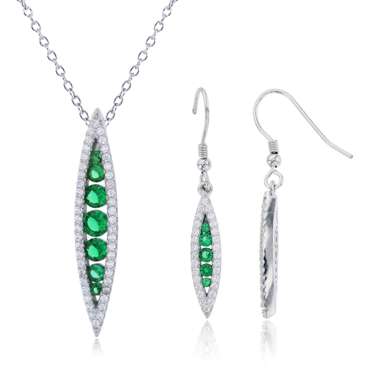Sterling Silver Rhodium Emerald/White CZ Marquise Shaped Dngl 18" Necklace & Fishhook Earring Set