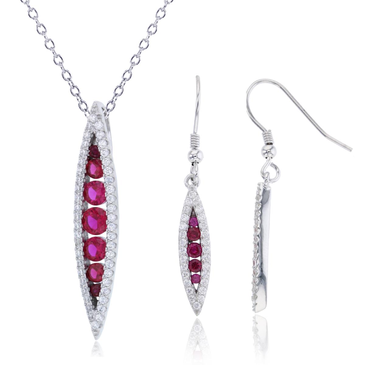 Sterling Silver Rhodium Ruby/White CZ Marquise Shaped Dngl 18" Necklace & Fishhook Earring Set