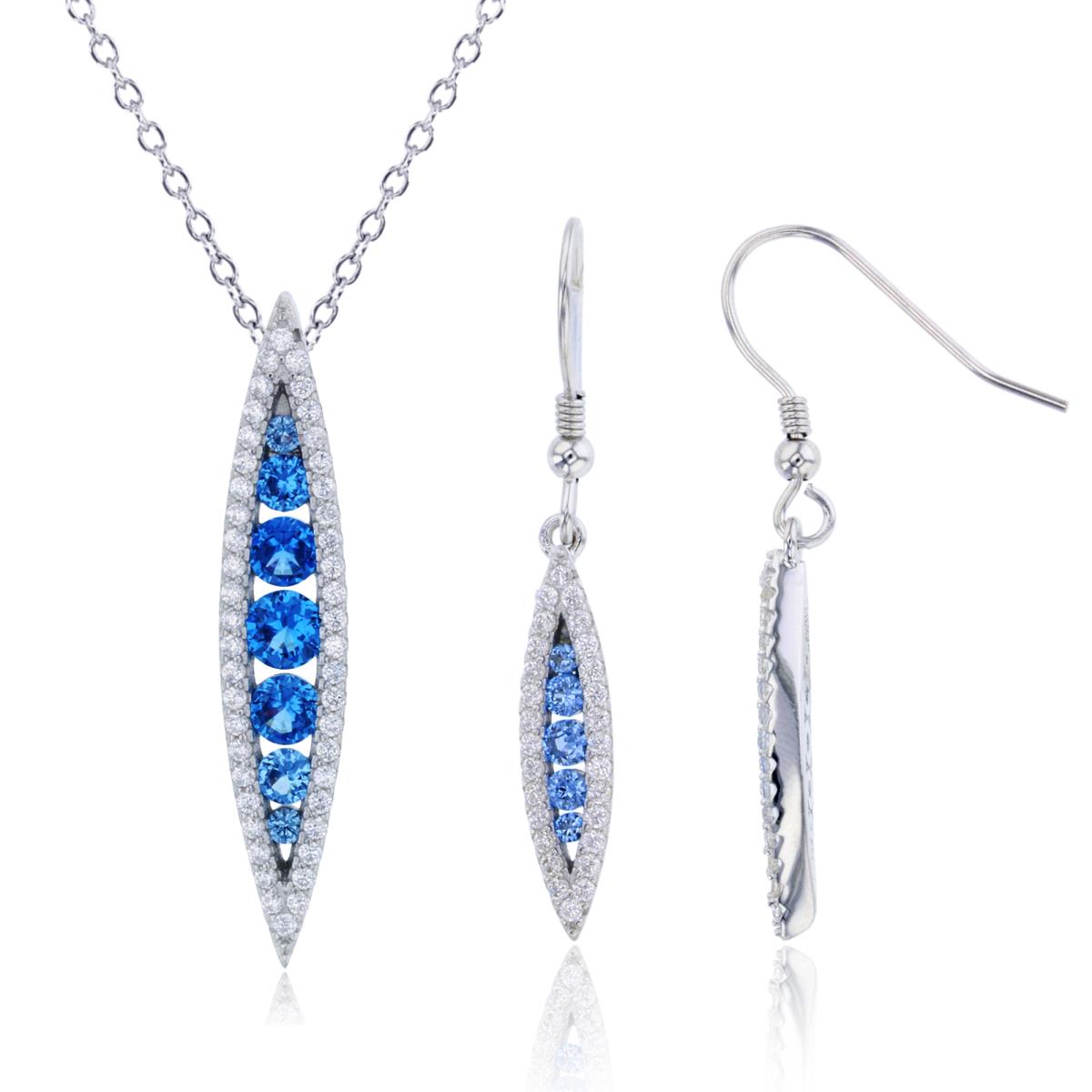 Sterling Silver Rhodium Blue Spinel/White CZ Marquise Shaped Dngl 18" Necklace & Fishhook Earring Set