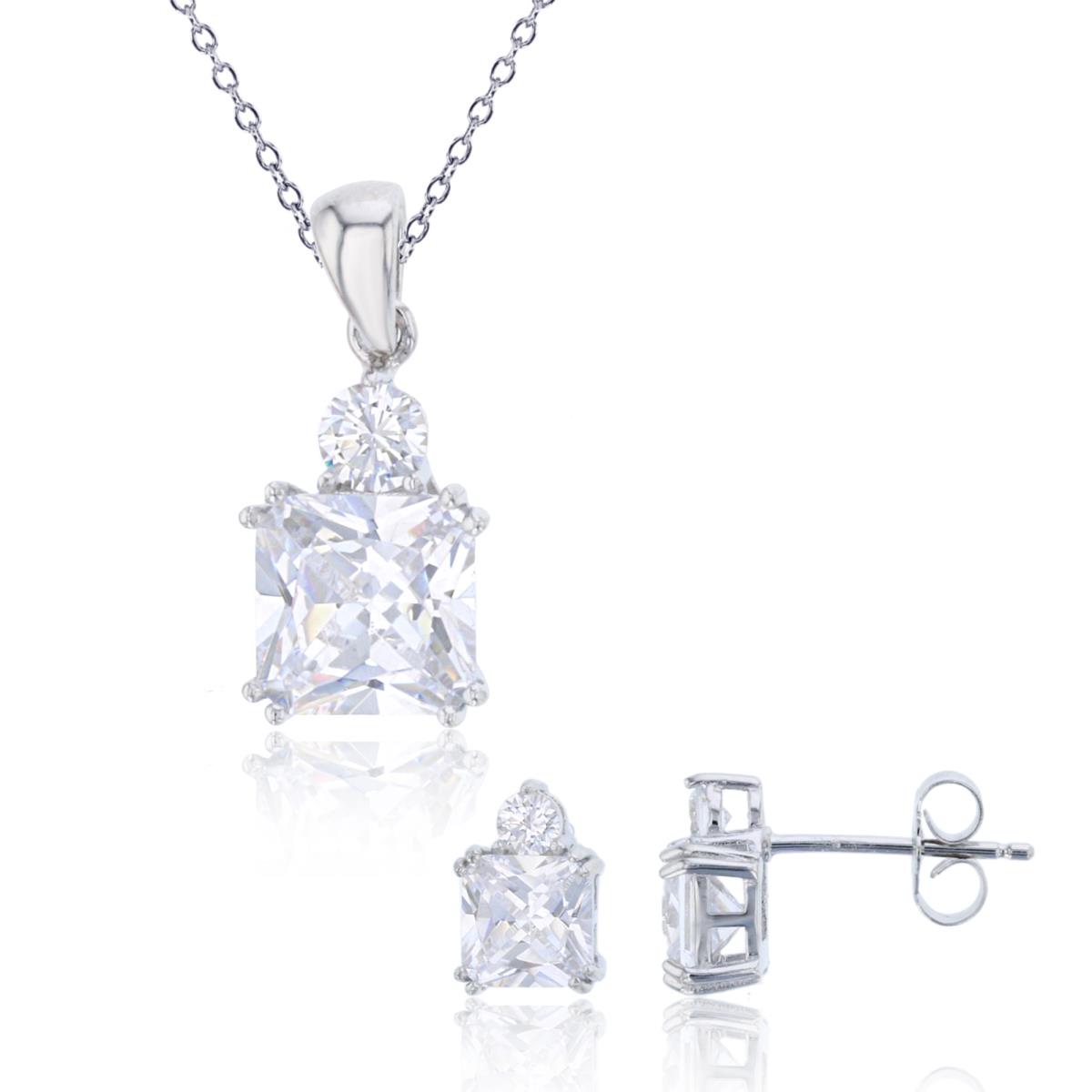 Sterling Silver Rhodium Princess/Round CZ 18" Necklace & Stud Earring Set