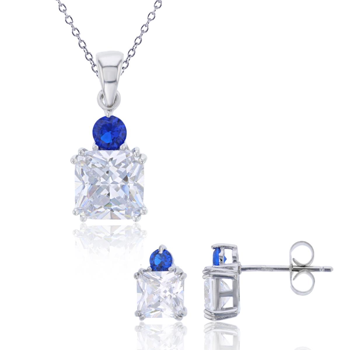 Sterling Silver Rhodium White Princess/Sapphire Round CZ 18" Necklace & Stud Earring Set