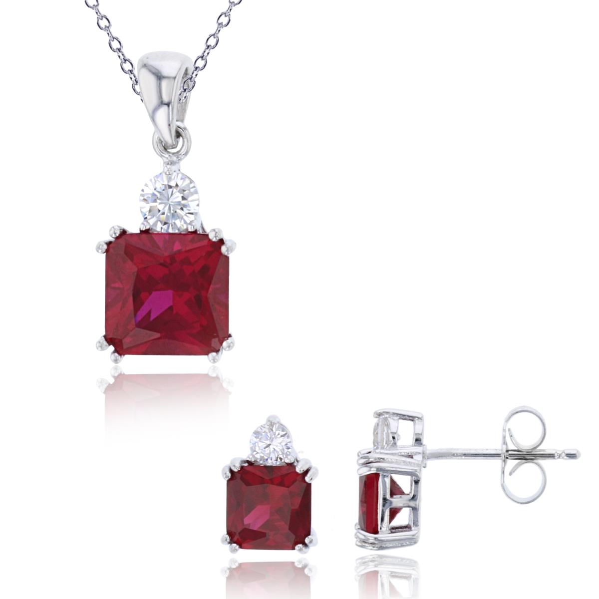 Sterling Silver Rhodium Ruby Princess/White Round CZ 18" Necklace & Stud Earring Set