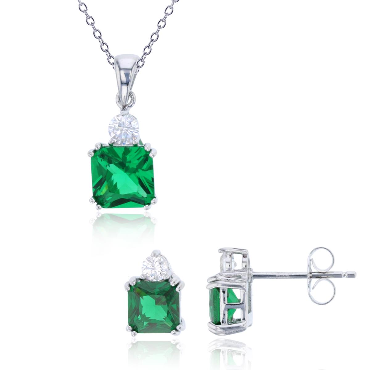 Sterling Silver Rhodium Emerald Princess/White Round CZ 18" Necklace & Stud Earring Set