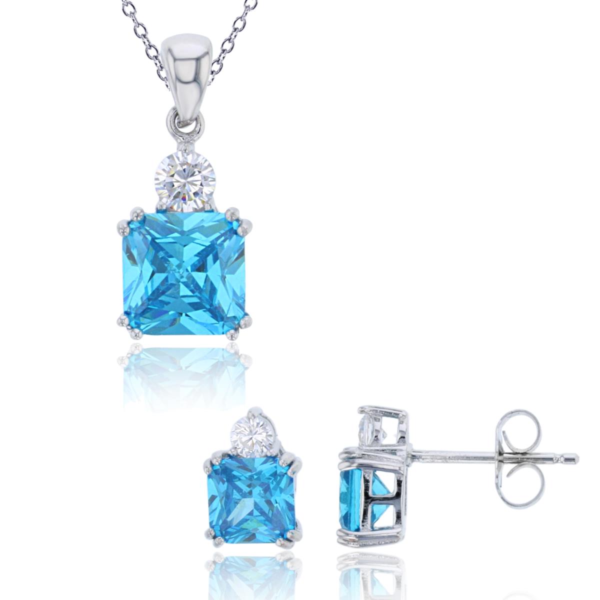 Sterling Silver Rhodium Swiss Blue Princess/White Round CZ 18" Necklace & Stud Earring Set