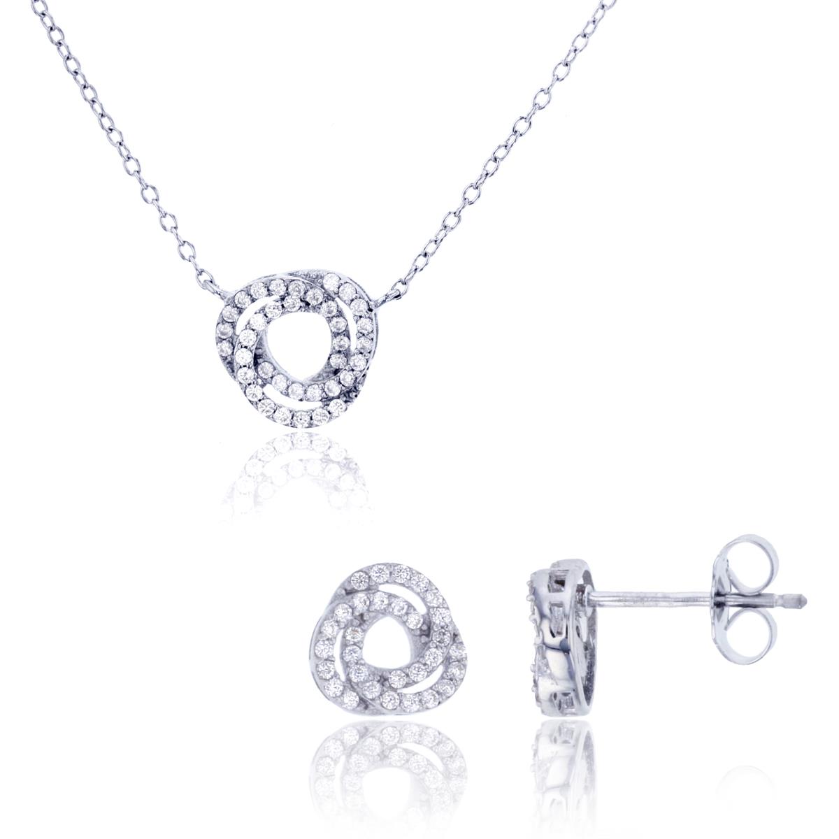 Sterling Silver Rhodium Micropave Knot 18" Necklace & Stud Earring Set