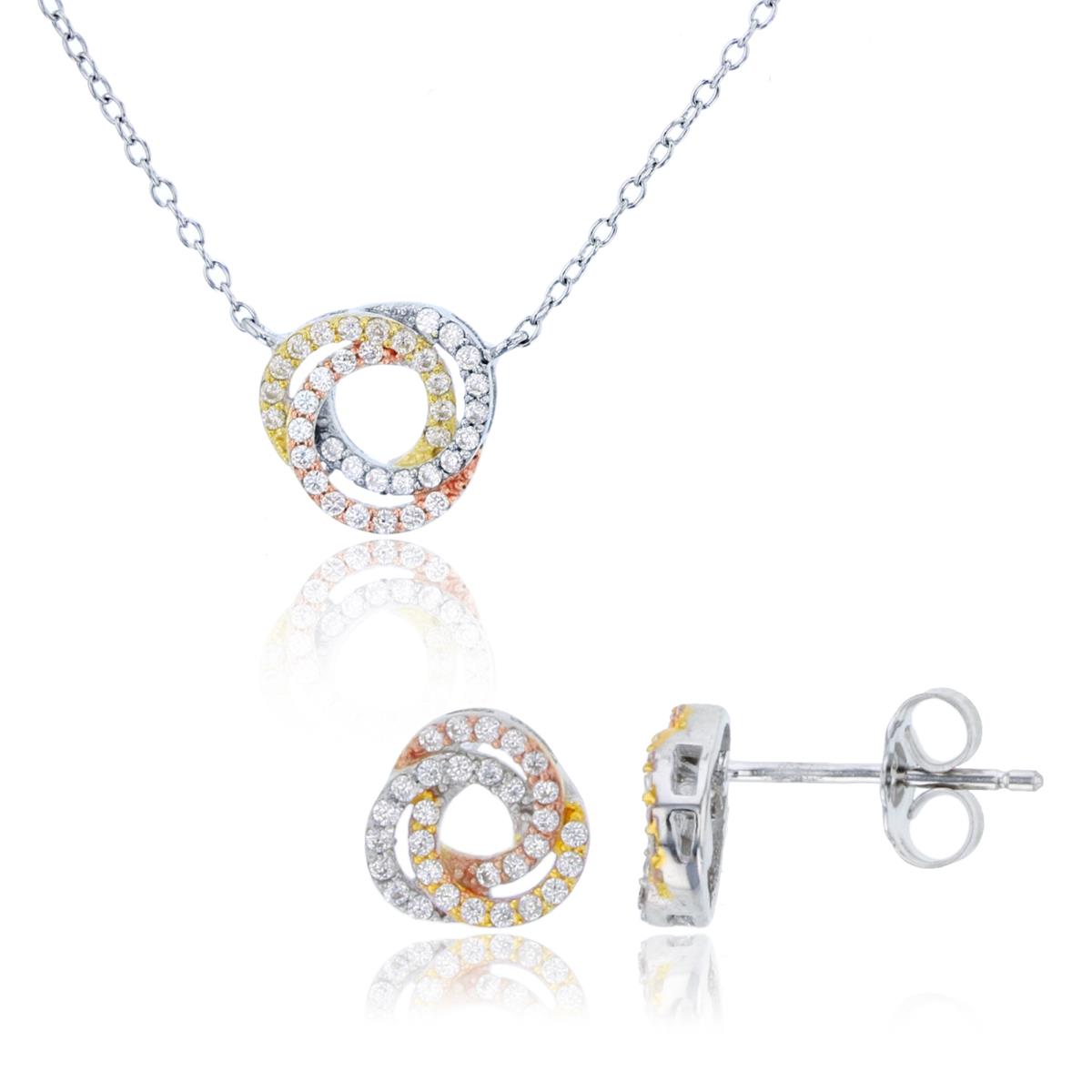 Sterling Silver Tri-Color Micropave Knot 18" Necklace & Stud Earring Set