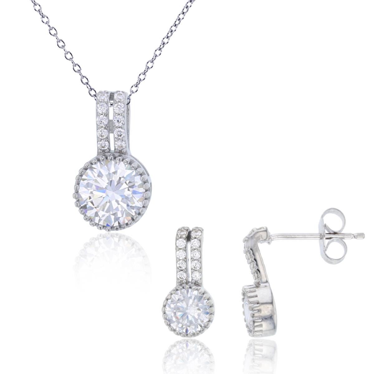 Sterling Silver Rhodium 7mm Round CZ Milgrain 18" Necklace & Earring Set