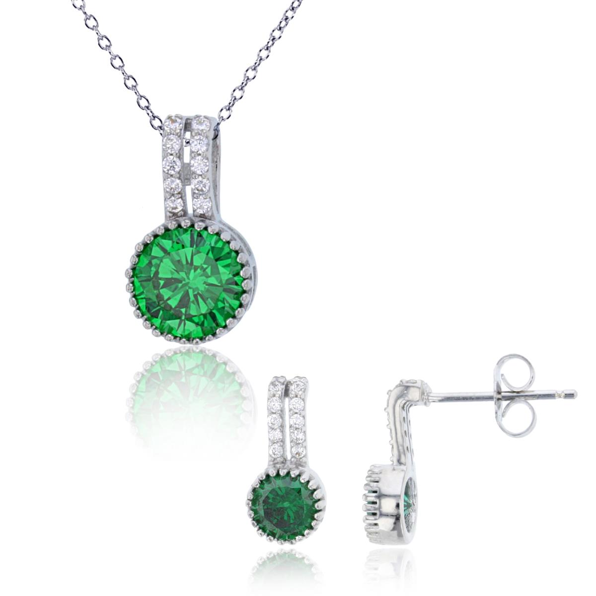 Sterling Silver Rhodium 7mm Round Emerald CZ Milgrain 18" Necklace & Earring Set