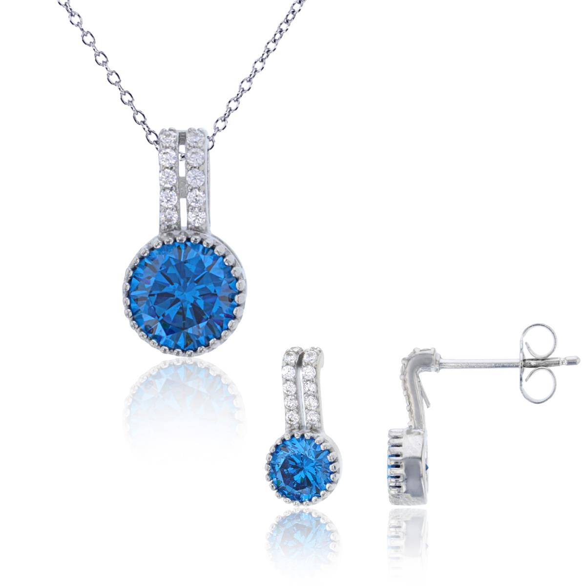 Sterling Silver Rhodium 7mm Round Dark Blue CZ Milgrain 18" Necklace & Earring Set