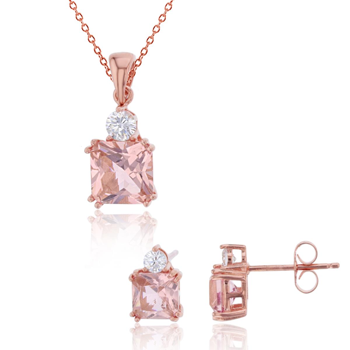 Sterling Silver Rose Morganite Princess/White Round CZ 18" Necklace & Stud Earring Set