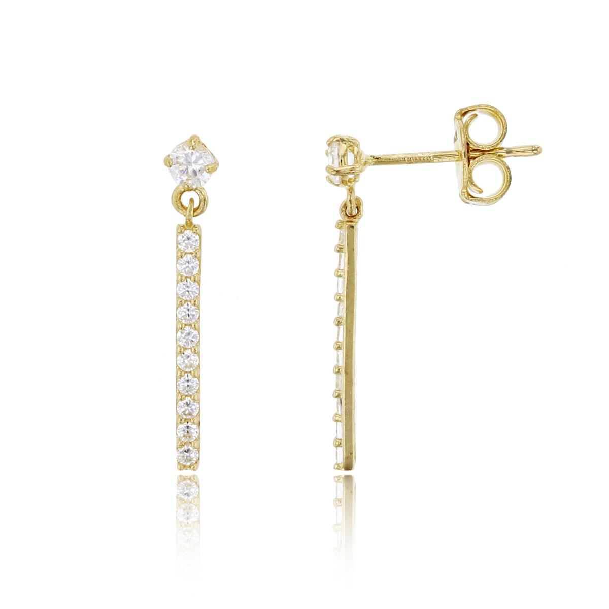 14K Yellow Gold 18x3mm Pave Round Cut CZ Dangling Bar Earring with 4.5mm Clutch