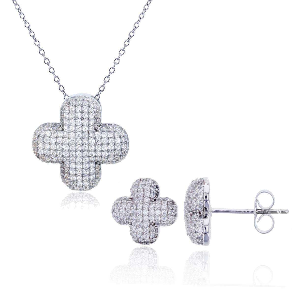 Sterling Silver Rhodium Rnd White CZ Micropaved Clover 18" Necklace & Earring Set