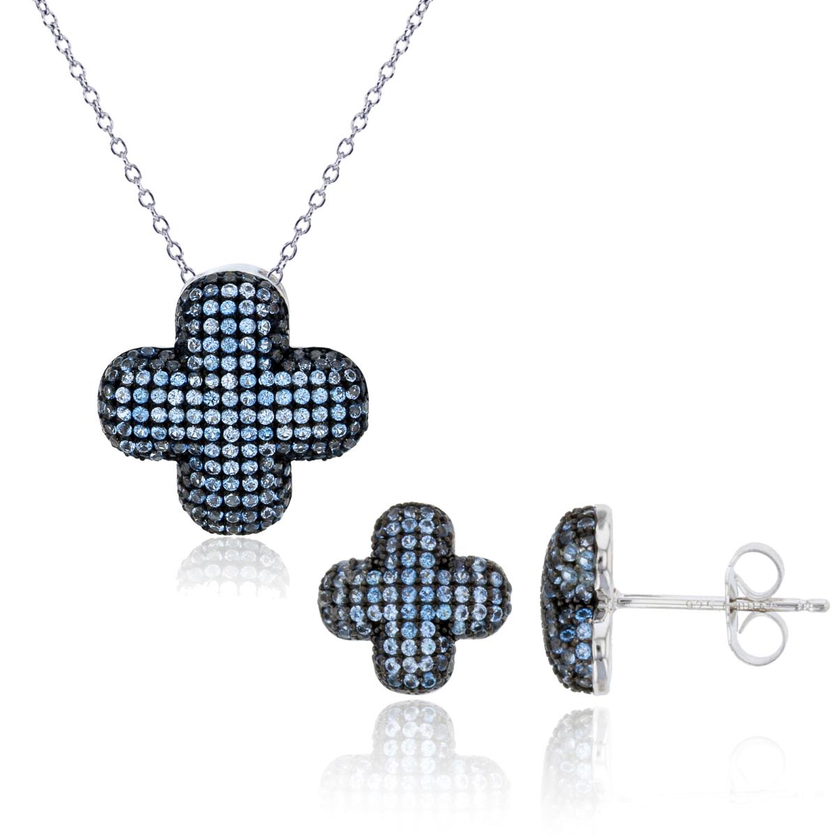 Sterling Silver Two-Tone Rnd #119 Blue CZ Micropaved Clover 18" Necklace & Earring Set