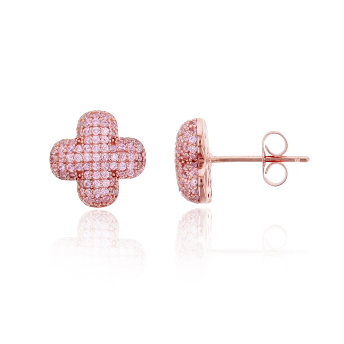 Sterling Silver+1Micron Rose Gold Rnd Pink CZ Micropaved Clover Studs
