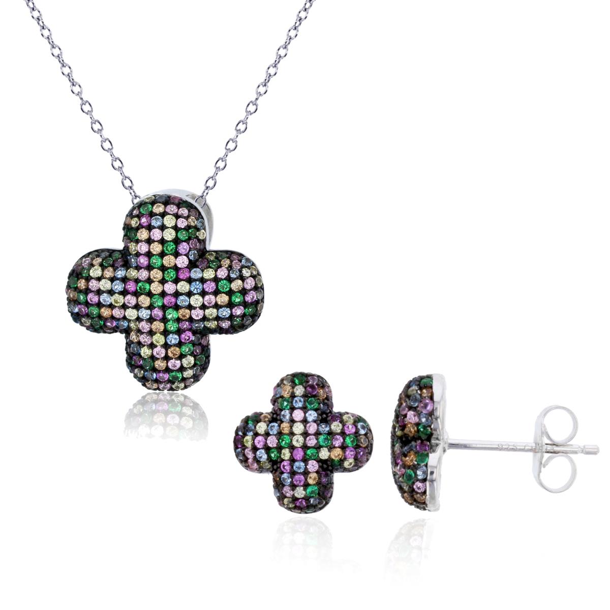 Sterling Silver Two-Tone Rnd Multicolor CZ Micropaved Clover 18" Necklace & Earring Set