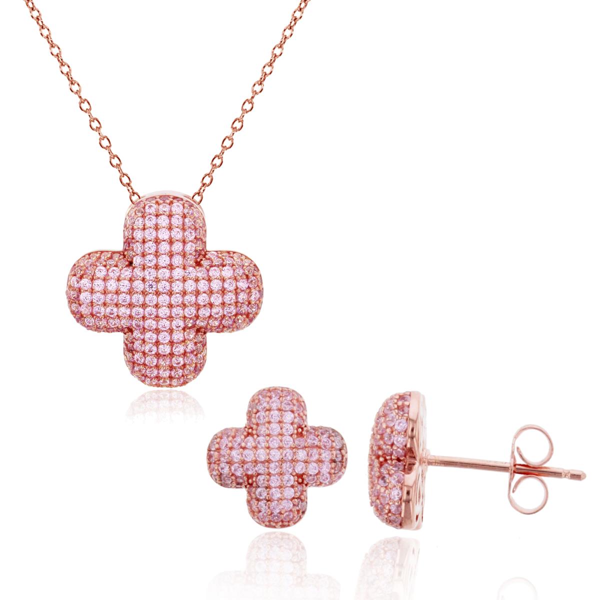 Sterling Silver Rose Rnd Pink CZ Micropaved Clover 18" Necklace & Earring Set