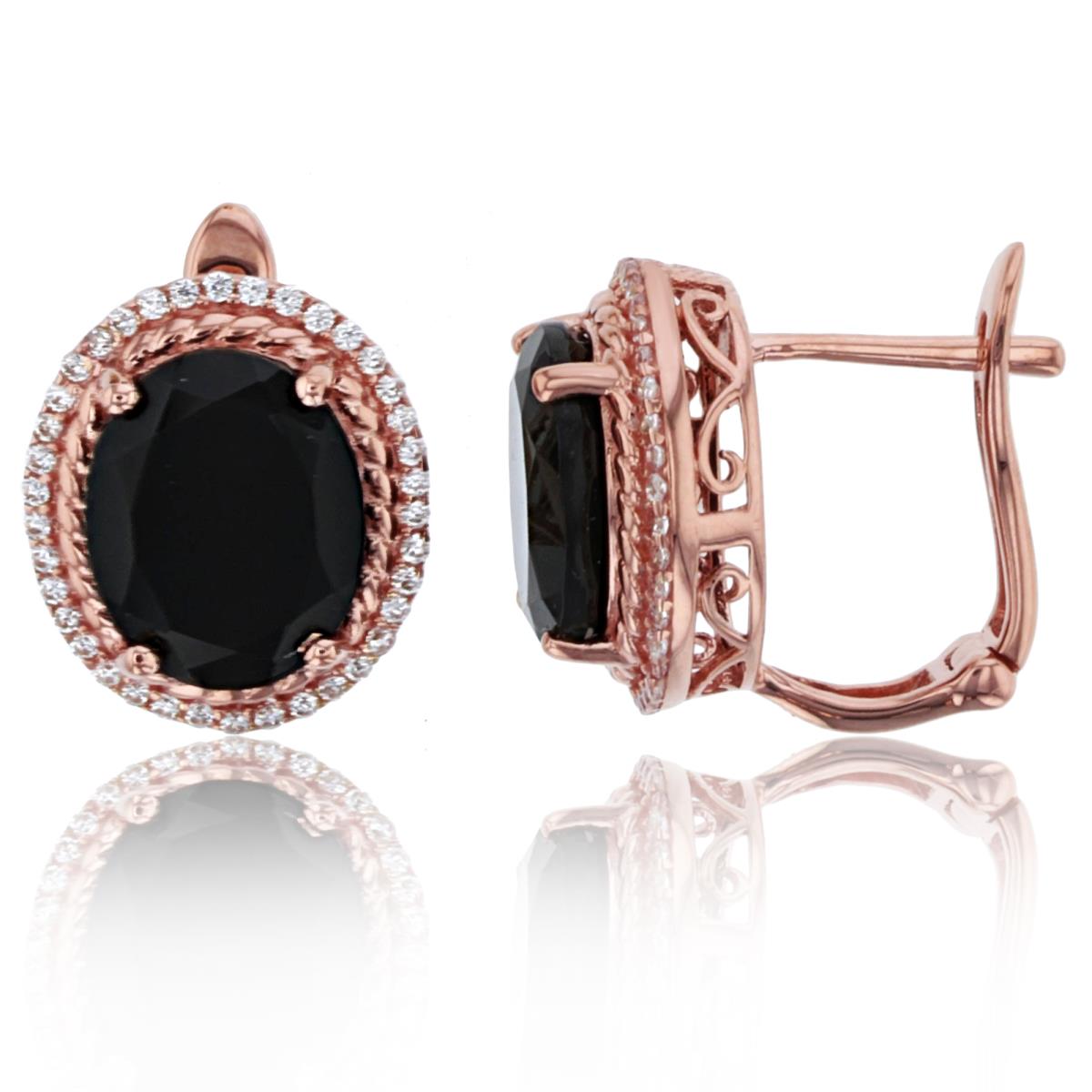 Sterling Silver Rose Gold Over  10x8mm ( 2 1/2 ctw) Ov Onyx & Created White Sapphire Textured Halo Oval Earrings