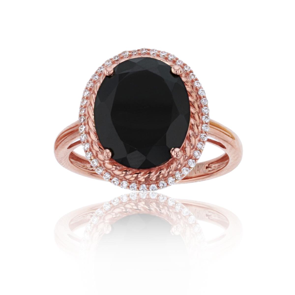 Sterling Silver Rose Gold Over  12x10mm (4 1/2 ctw) Ov Onyx & Created White Sapphire Textured Halo Oval Ring